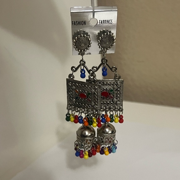 NWT | Boho Tribal Statement Earrings Silver Tone Multicolor Beaded - Picture 3 of 3